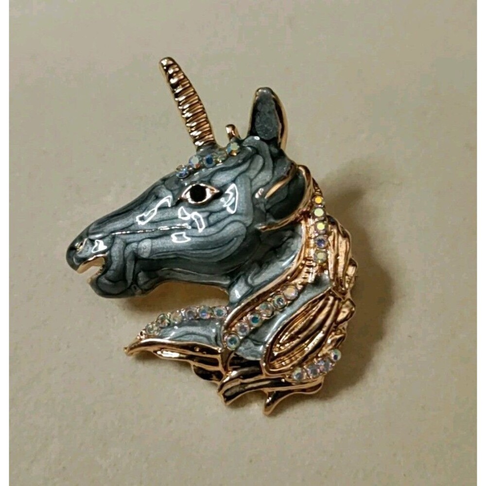 Gray Enamel & Rhinestone Unicorn Head Brooch